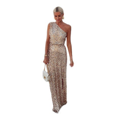 Women's One-Shoulder Sequin Maxi Dress with Side Slit | Summer