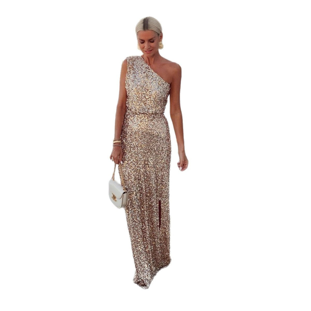 Women's One-Shoulder Sequin Maxi Dress with Side Slit | Summer