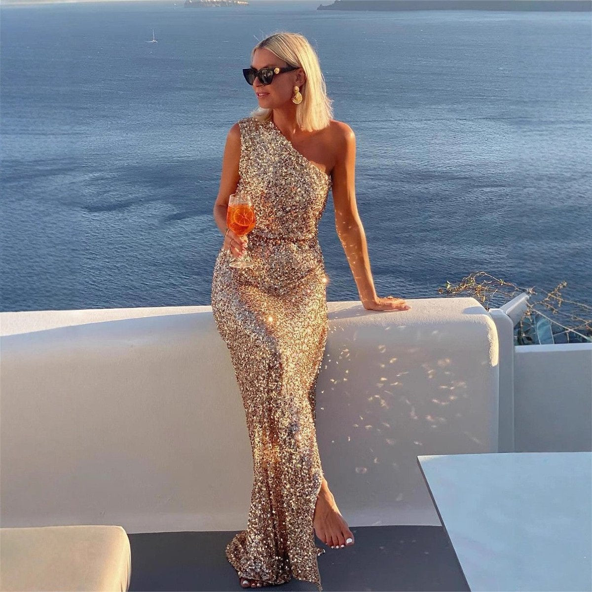 Women's One-Shoulder Sequin Maxi Dress with Side Slit | Summer