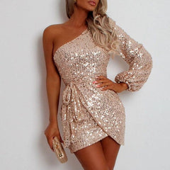 Women's One-Shoulder Sequin Mini Cocktail Dress with Belt | Summer