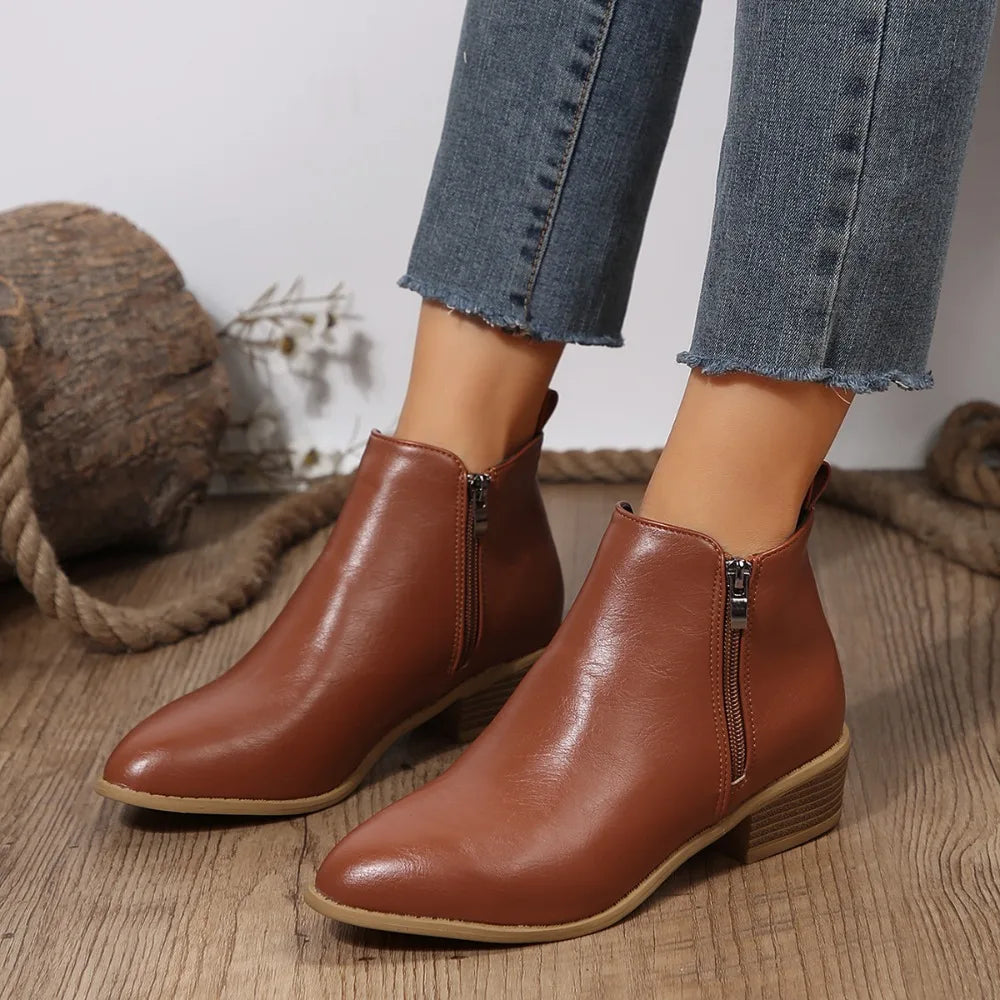 Women's Orthopedic Ankle Boots with Side Zipper - Black | Autumn - Brown