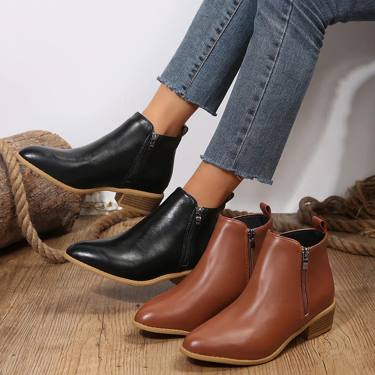 Women's Orthopedic Ankle Boots with Side Zipper - Black | Autumn