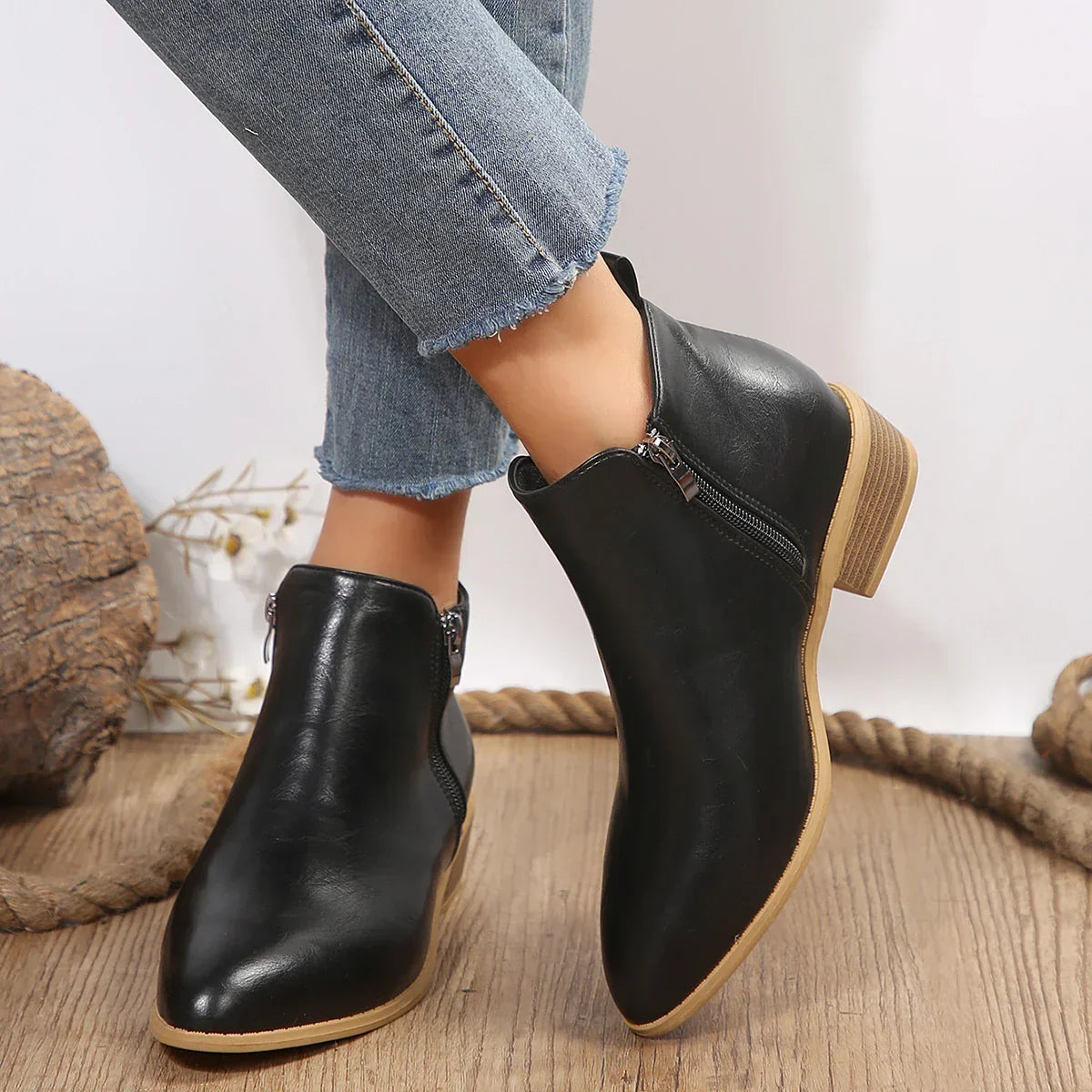 Women's Orthopedic Ankle Boots with Side Zipper - Black | Autumn