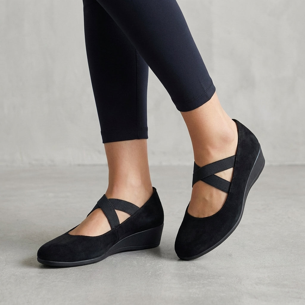 Women's Orthopedic Criss-Cross Strap Wedge Flats - Natalie | Autumn - Black