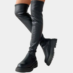 Women's Over-the-Knee Boot - Chic Black & Beige | Autumn