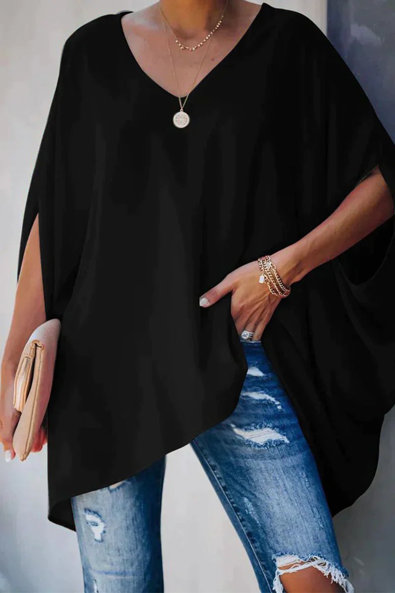 Women's Oversized Batwing-Sleeve V-Neck Tunic Top | Spring - Black