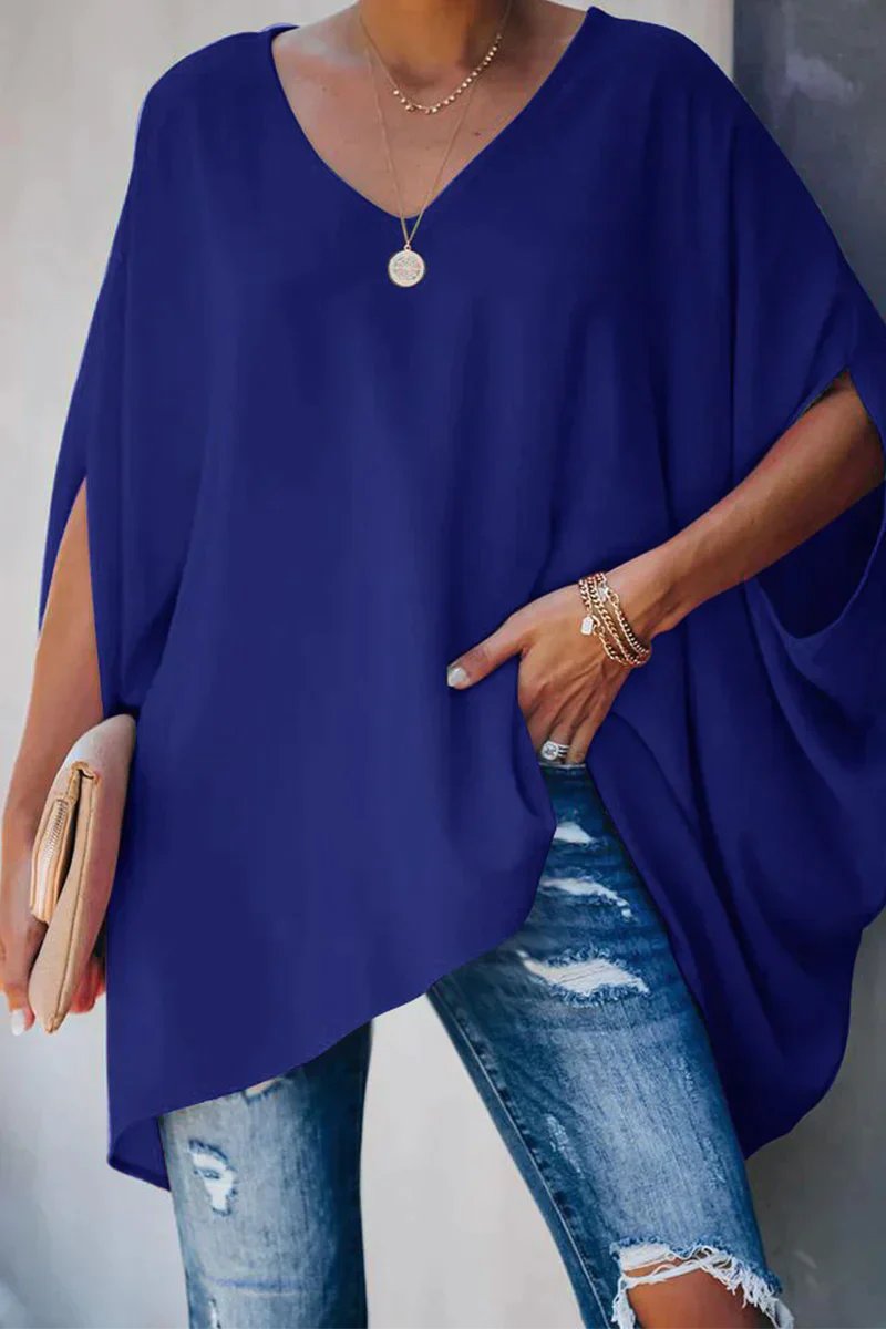 Women's Oversized Batwing-Sleeve V-Neck Tunic Top | Spring - Blue