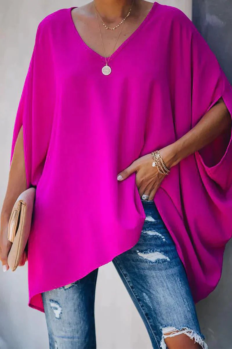 Women's Oversized Batwing-Sleeve V-Neck Tunic Top | Spring - Pink
