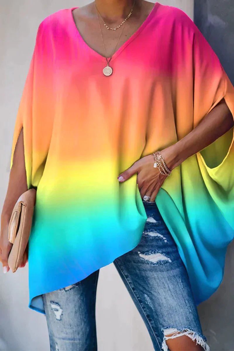 Women's Oversized Batwing-Sleeve V-Neck Tunic Top | Spring - Rainbow