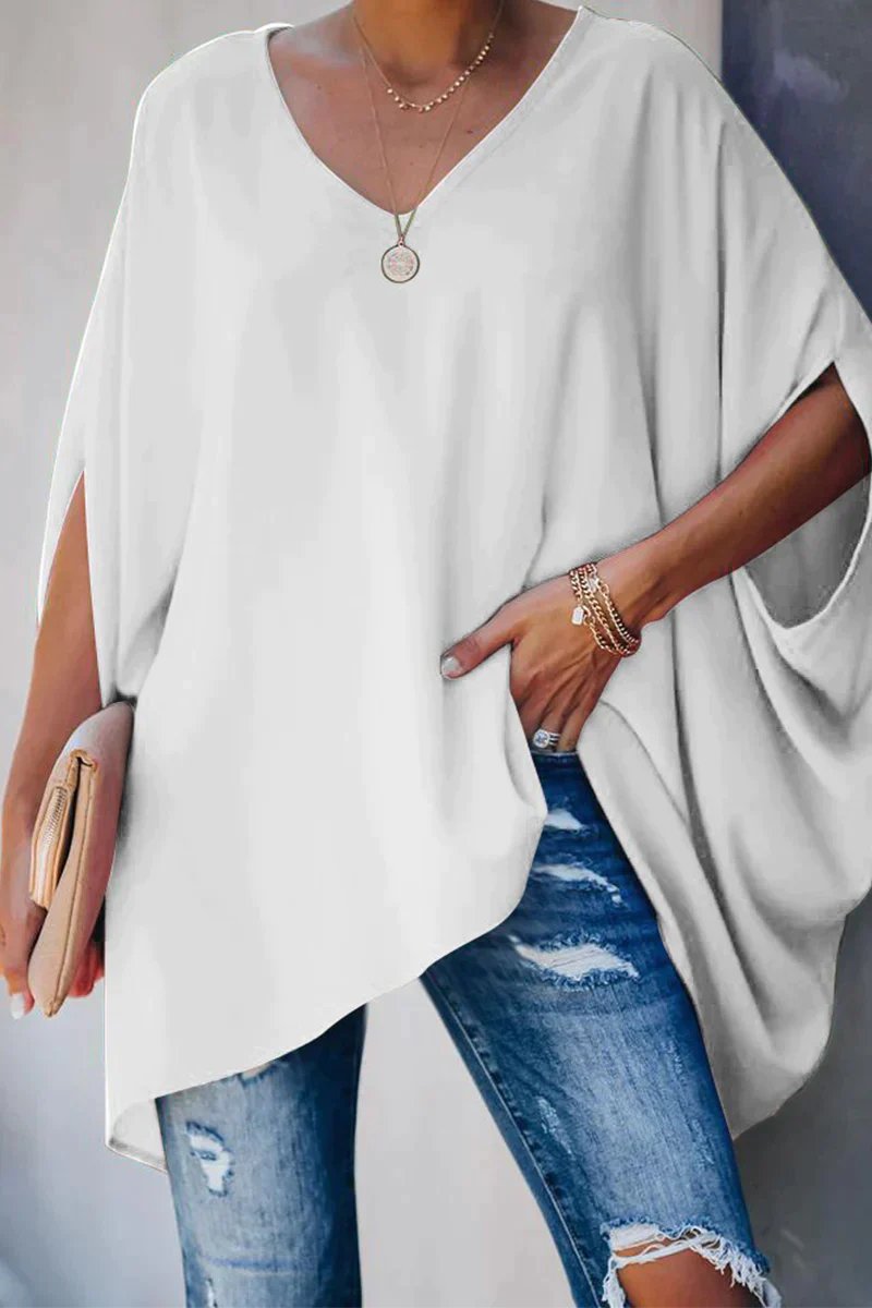 Women's Oversized Batwing-Sleeve V-Neck Tunic Top | Spring - White