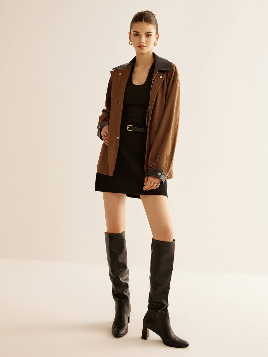 Women's Oversized Blazer Jacket - Camel with Leather Trim | Fall