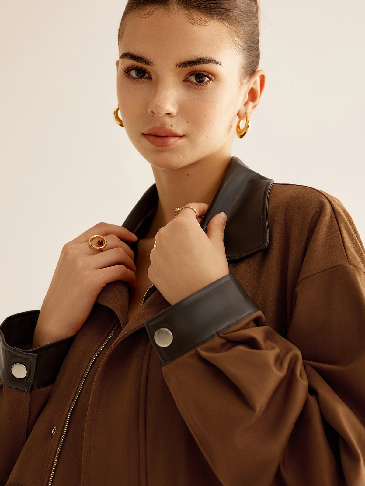 Women's Oversized Blazer Jacket - Camel with Leather Trim | Autumn