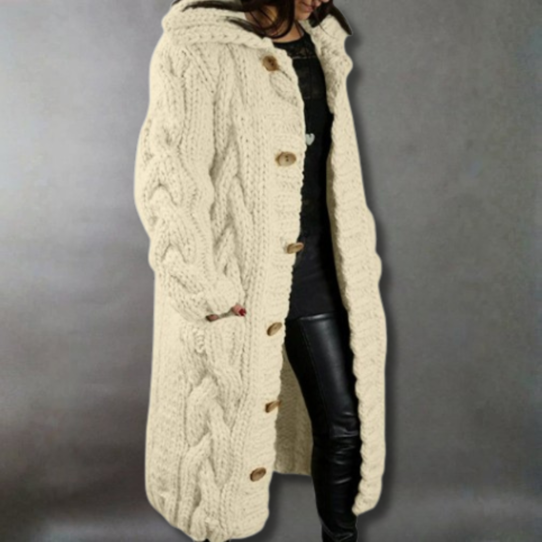 Women's Oversized Cable-Knit Hooded Coat - Cosy Elegance | Winter - Beige