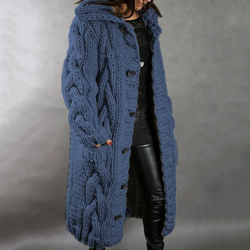 Women's Oversized Cable-Knit Hooded Coat - Cosy Elegance | Winter - Blue
