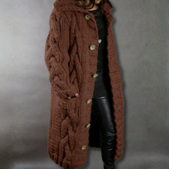 Women's Oversized Cable-Knit Hooded Coat - Cosy Elegance | Winter - Brown