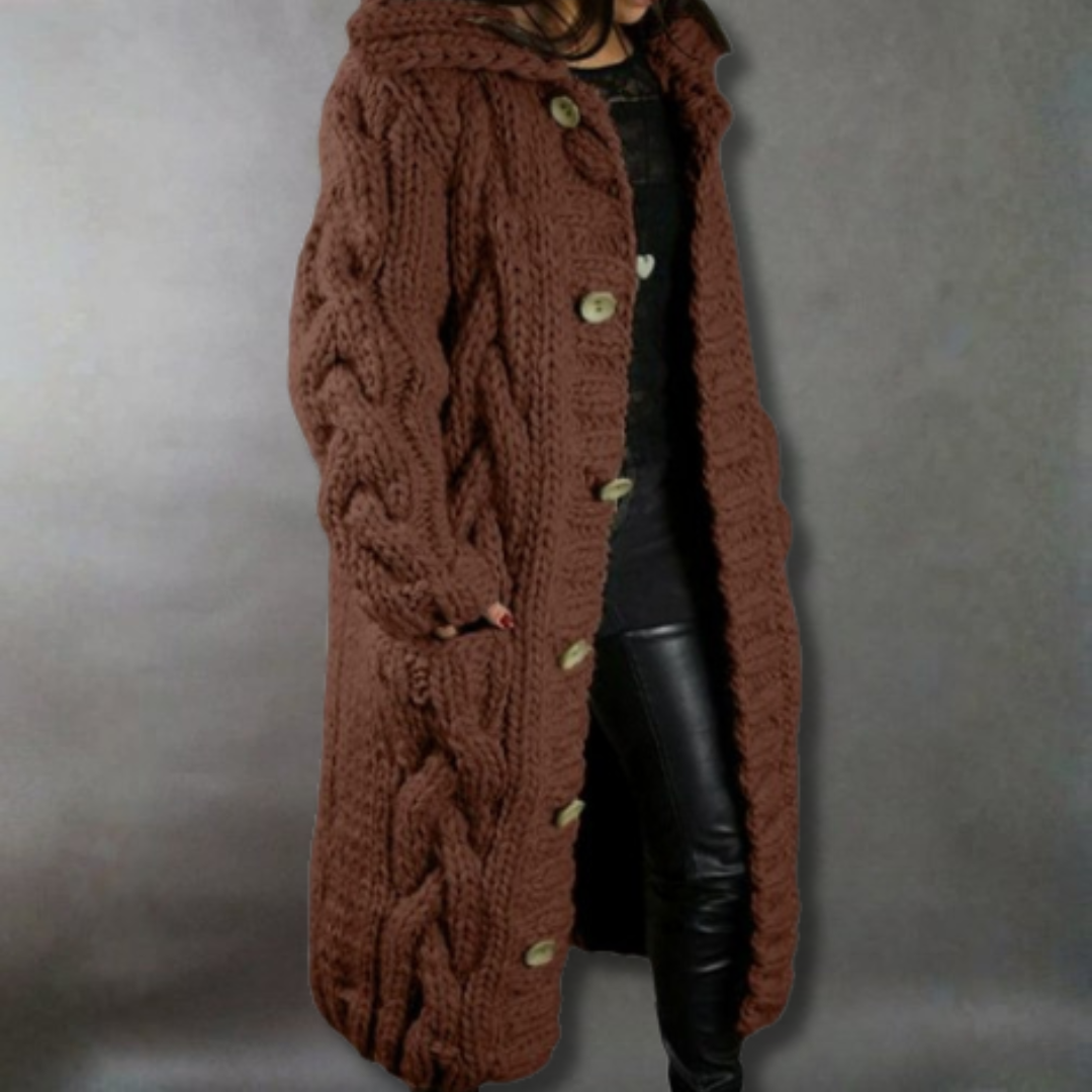 Women's Oversized Cable-Knit Hooded Coat - Cosy Elegance | Winter - Brown