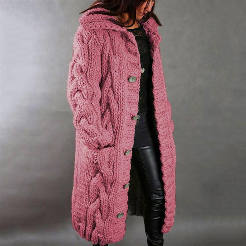Women's Oversized Cable-Knit Hooded Coat - Cosy Elegance | Winter - Pink