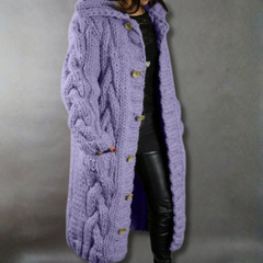 Women's Oversized Cable-Knit Hooded Coat - Cosy Elegance | Winter - Purple