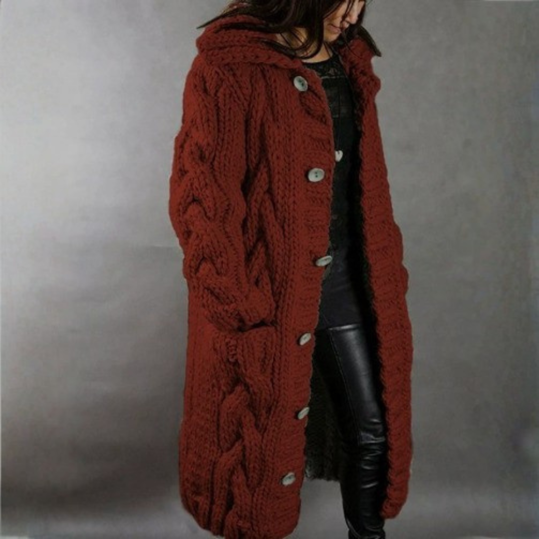 Women's Oversized Cable-Knit Hooded Coat - Cosy Elegance | Winter - Red