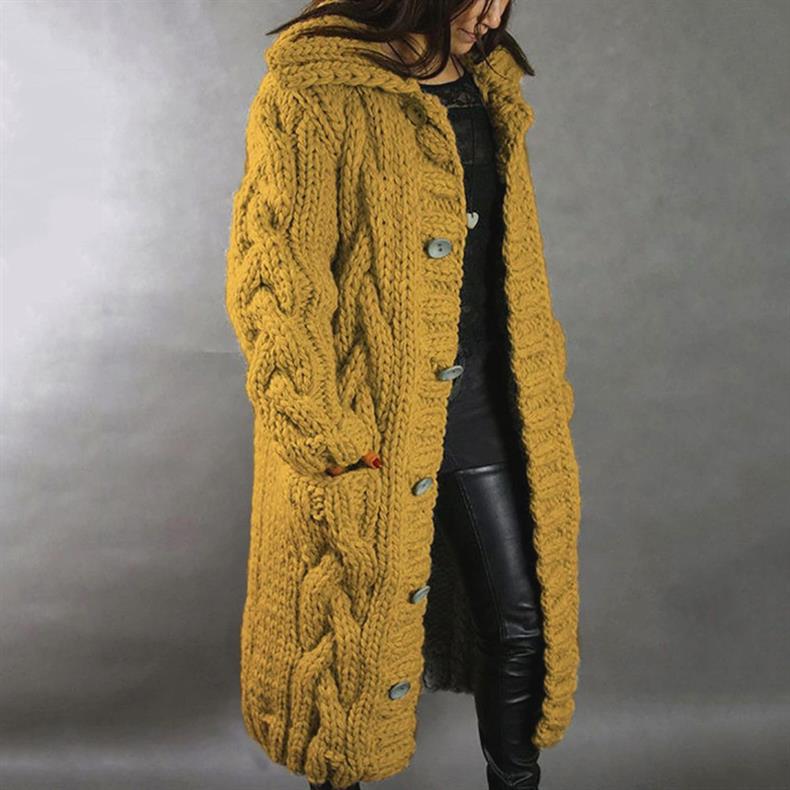 Women's Oversized Cable-Knit Hooded Coat - Cosy Elegance | Winter - Yellow