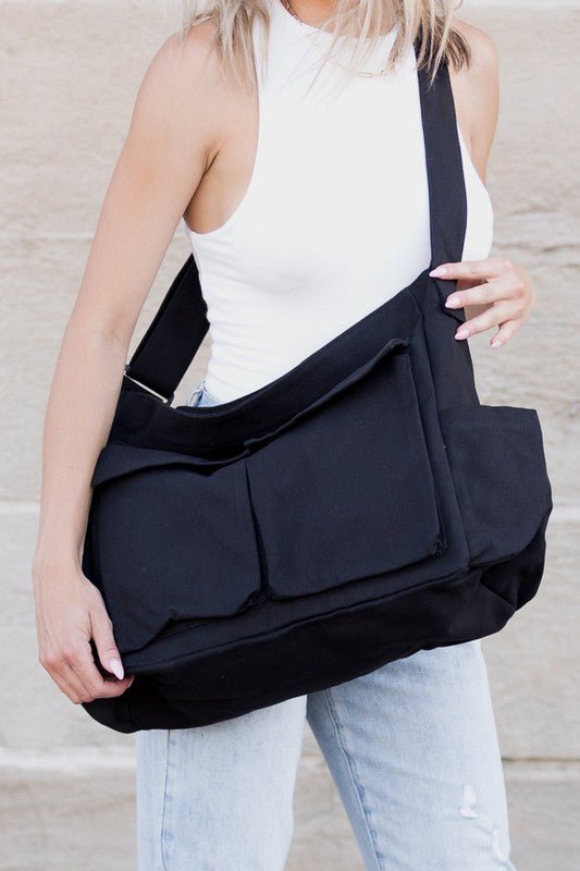 Women's Oversized Canvas Tote Bag - Structured Crossbody | Spring - Black