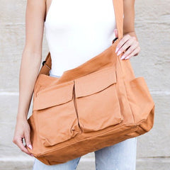 Women's Oversized Canvas Tote Bag - Structured Crossbody | Spring - Camel