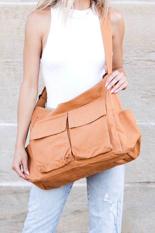 Women's Oversized Canvas Tote Bag - Structured Crossbody | Spring - Camel