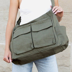 Women's Oversized Canvas Tote Bag - Structured Crossbody | Spring - Olive