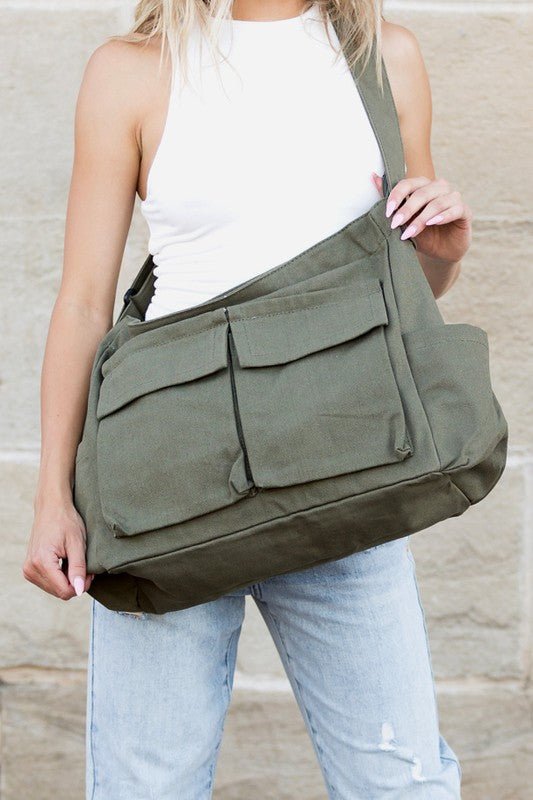 Women's Oversized Canvas Tote Bag - Structured Crossbody | Spring - Olive