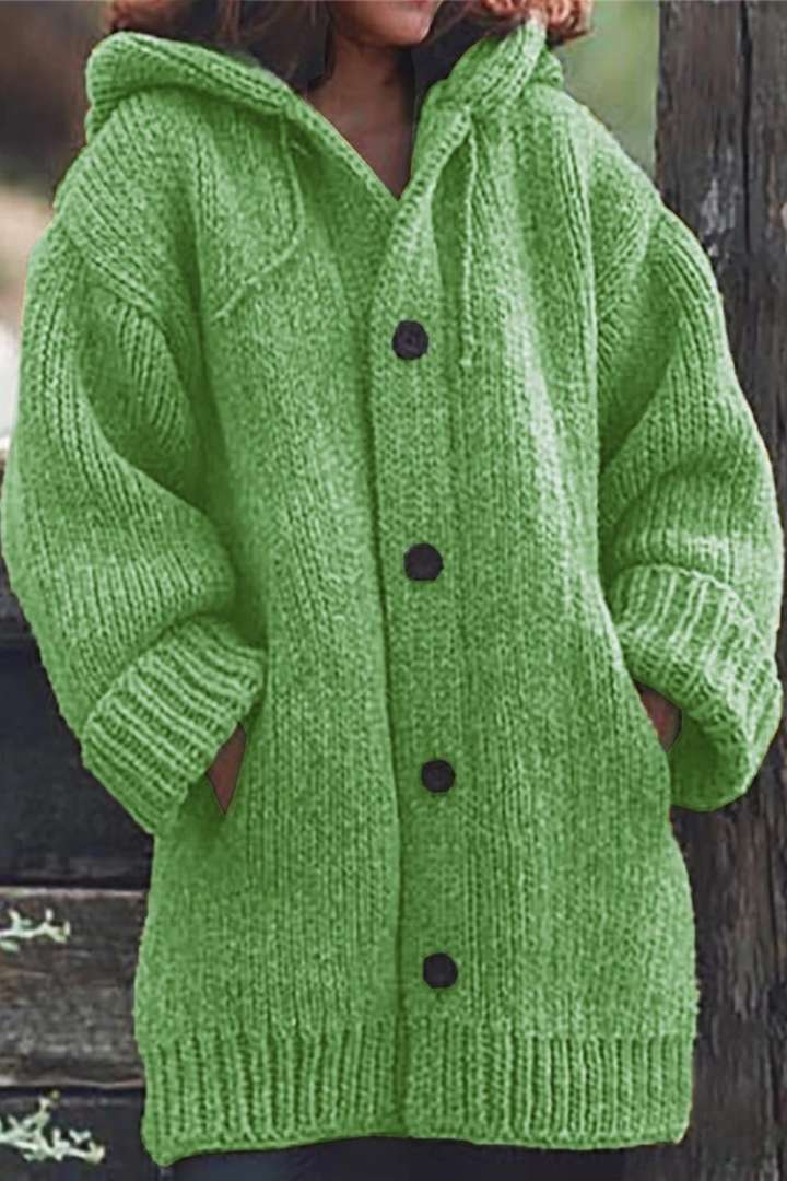 Women's Oversized Cardigan | Hooded | Button Front | Winter - Green
