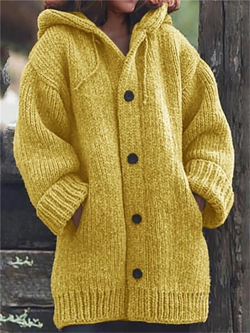 Women's Oversized Cardigan | Hooded | Button Front | Winter - Yellow