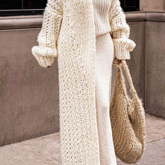 Women's Oversized Chunky Knit Longline Cardigan - Open Front | Autumn - Beige