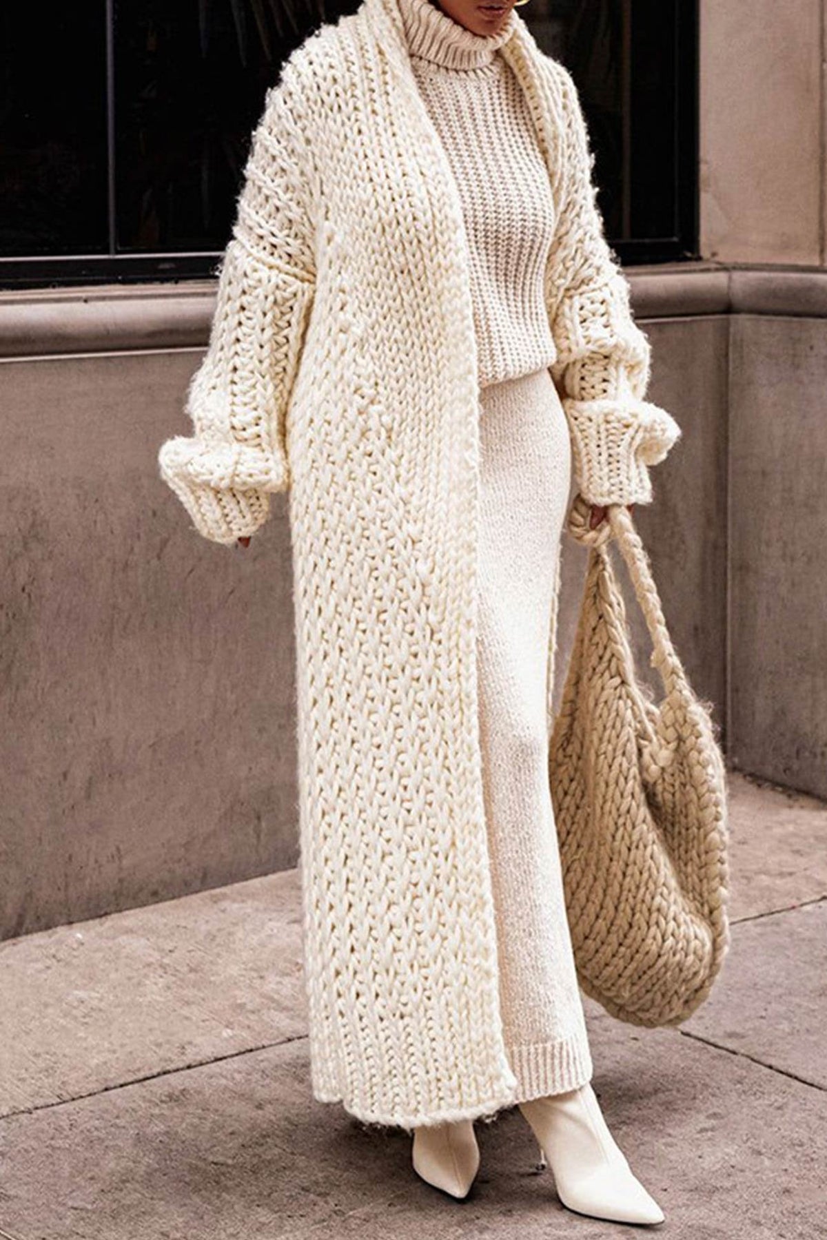 Women's Oversized Chunky Knit Longline Cardigan - Open Front | Autumn - Beige