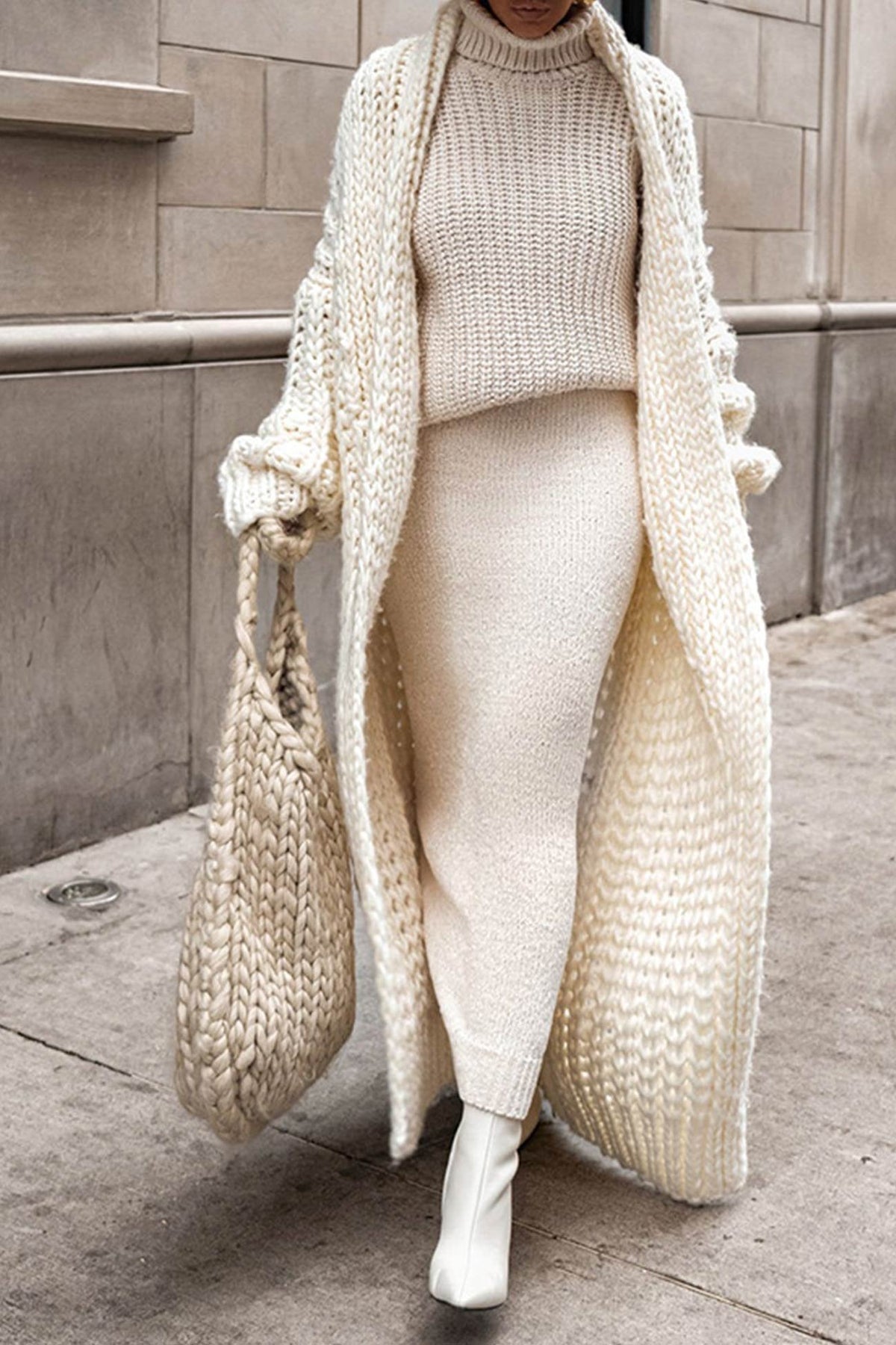 Women's Oversized Chunky Knit Longline Cardigan - Open Front | Autumn - Beige