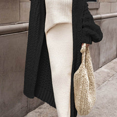 Women's Oversized Chunky Knit Longline Cardigan - Open Front | Autumn - Black