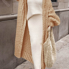 Women's Oversized Chunky Knit Longline Cardigan - Open Front | Autumn - Brown