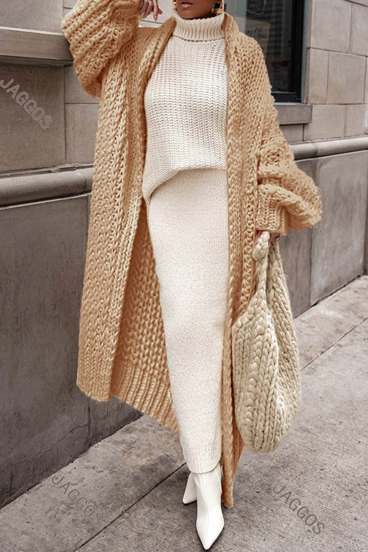 Women's Oversized Chunky Knit Longline Cardigan - Open Front | Autumn - Brown