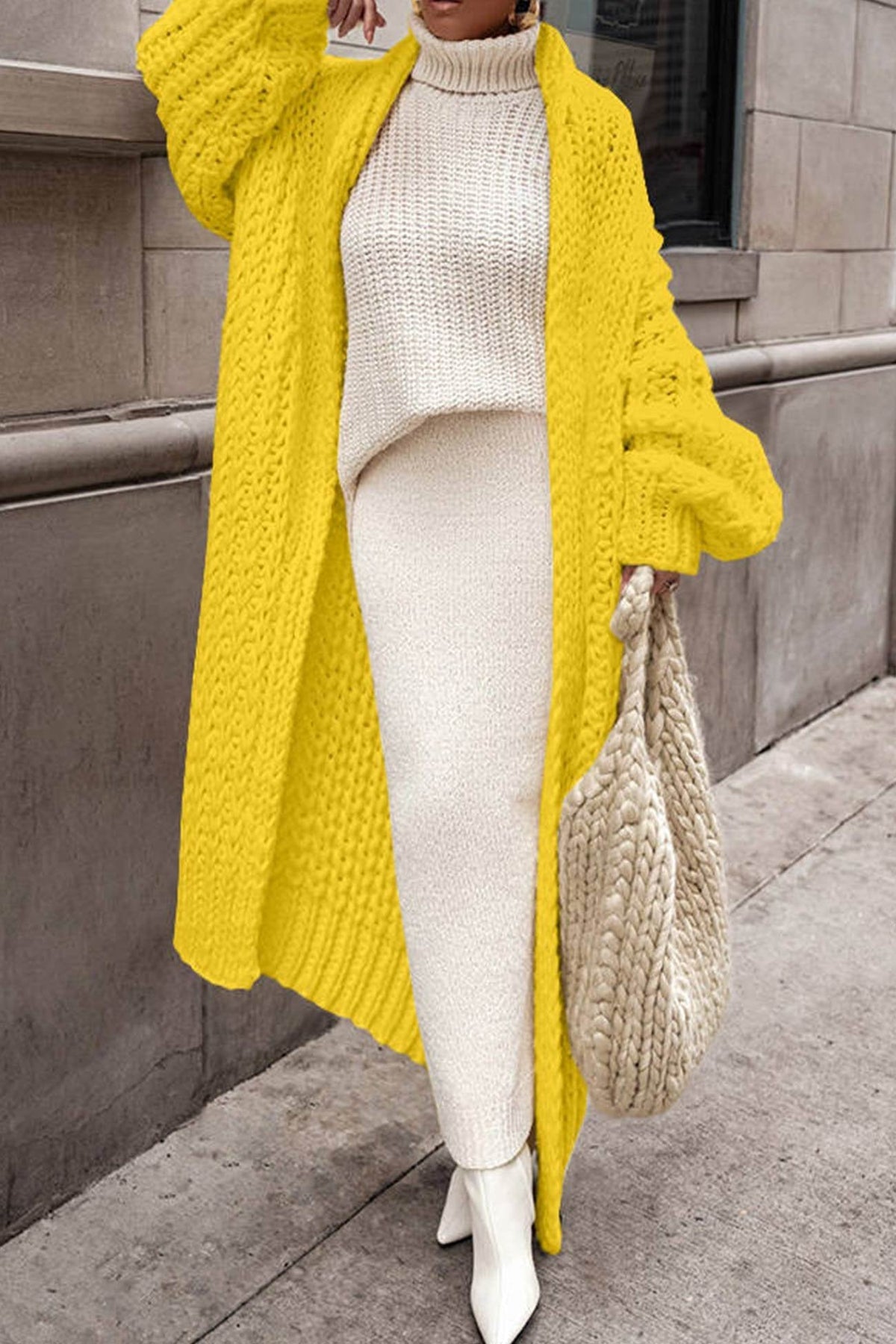 Women's Oversized Chunky Knit Longline Cardigan - Open Front | Autumn - Yellow