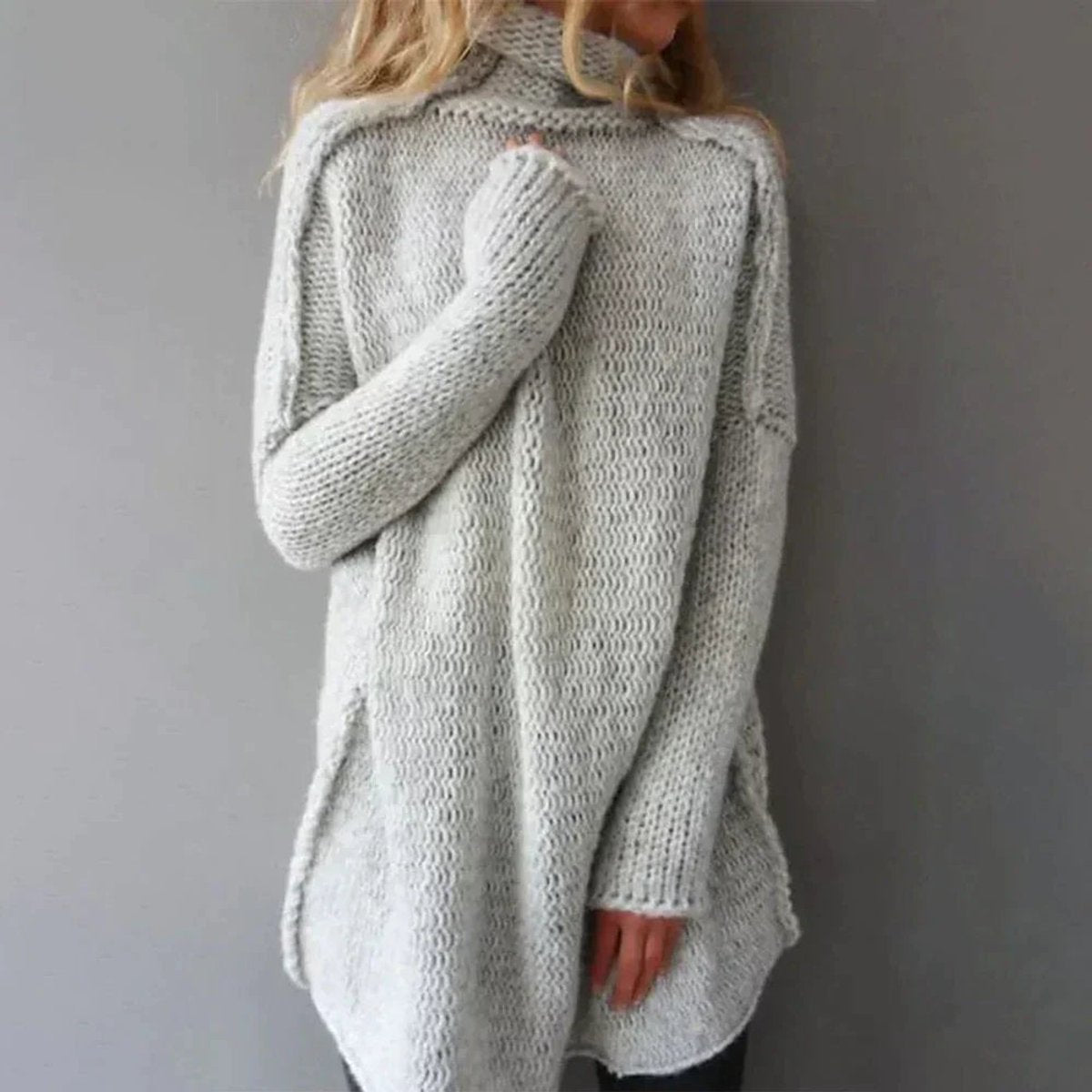 Women's Oversized Chunky Knit Turtleneck Sweater - Cozy Longline - Gray