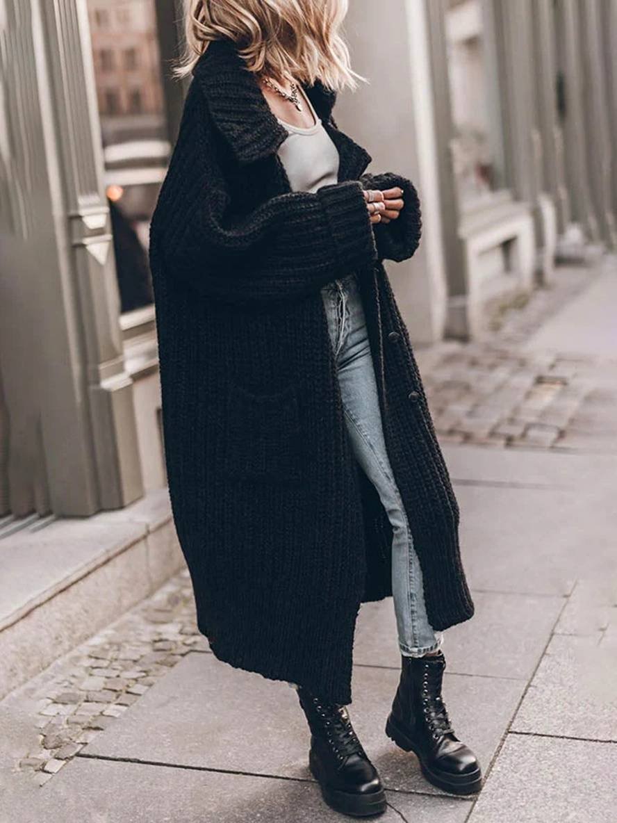 Women's Oversized Chunky Rib-Knit Longline Cardigan - Drop Shoulder - Black