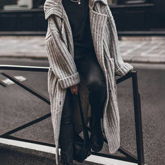 Women's Oversized Chunky Rib-Knit Longline Cardigan - Drop Shoulder - Grey