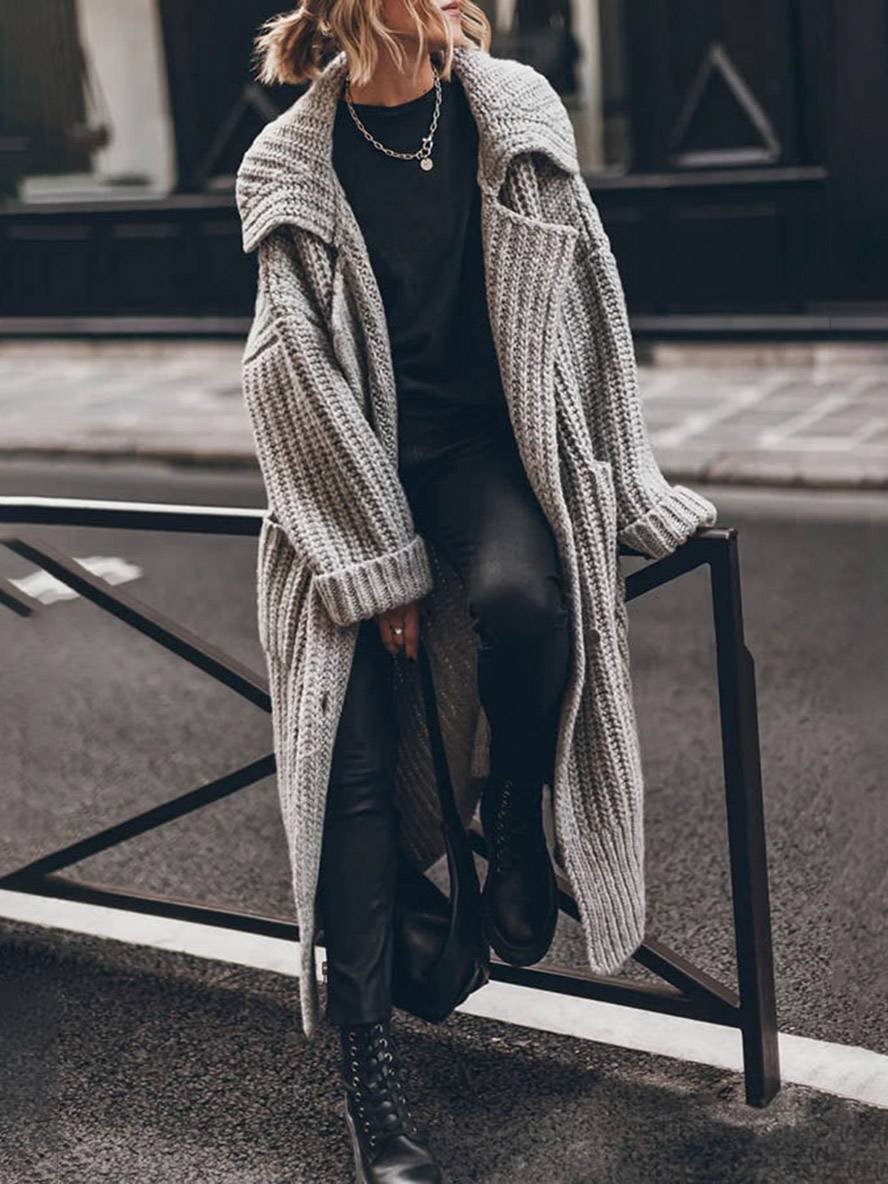 Women's Oversized Chunky Rib-Knit Longline Cardigan - Drop Shoulder - Grey