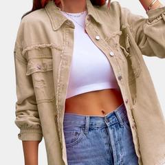Women's Oversized Denim Jacket | Distressed Detail | Casual | Summer - Khaki