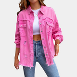 Women's Oversized Denim Jacket | Distressed Detail | Casual | Summer - Rose Red