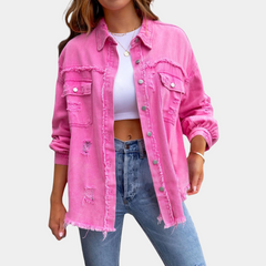 Women's Oversized Denim Jacket | Distressed Detail | Casual | Summer - Rose Red