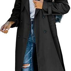 Women's Oversized Double-Breasted Belted Longline Trench Coat | Autumn - Black