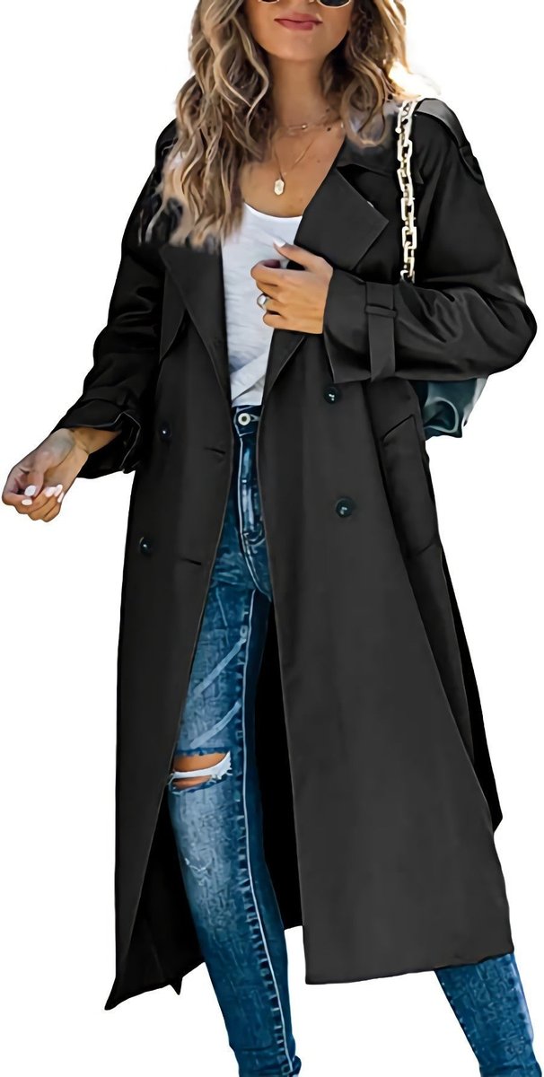 Women's Oversized Double-Breasted Belted Longline Trench Coat | Autumn - Black