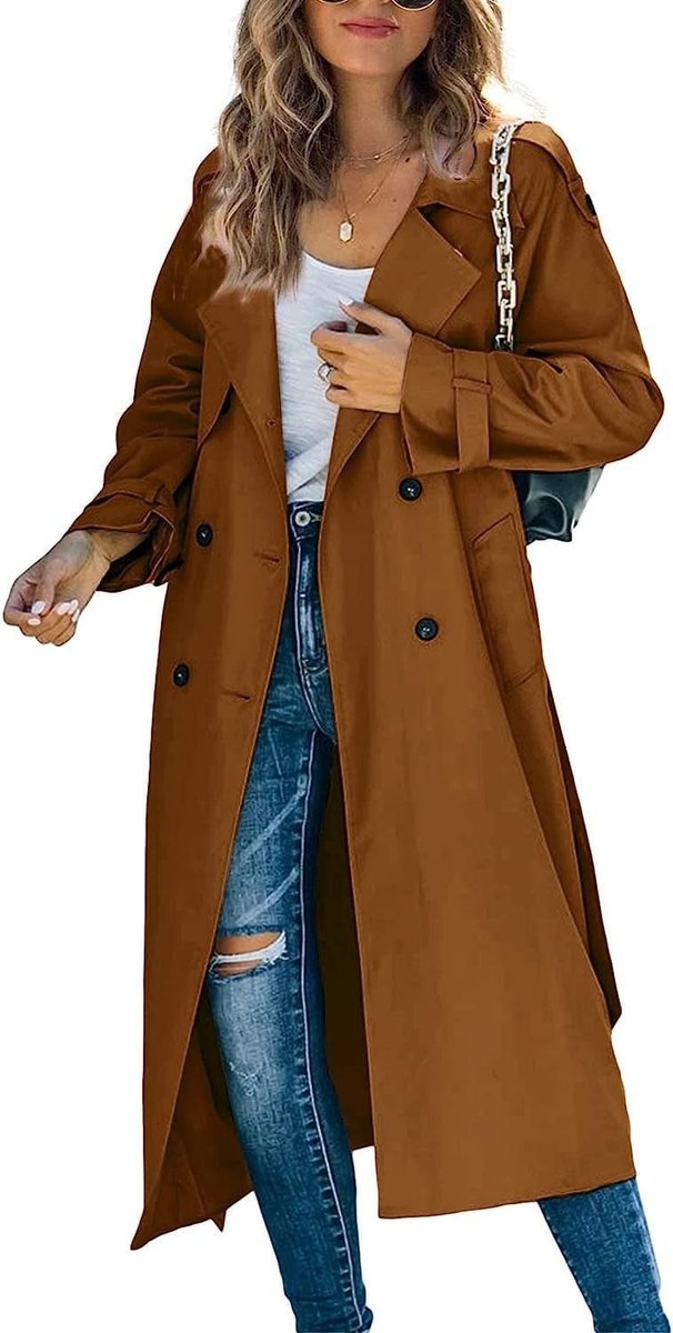 Women's Oversized Double-Breasted Belted Longline Trench Coat | Autumn - Brown
