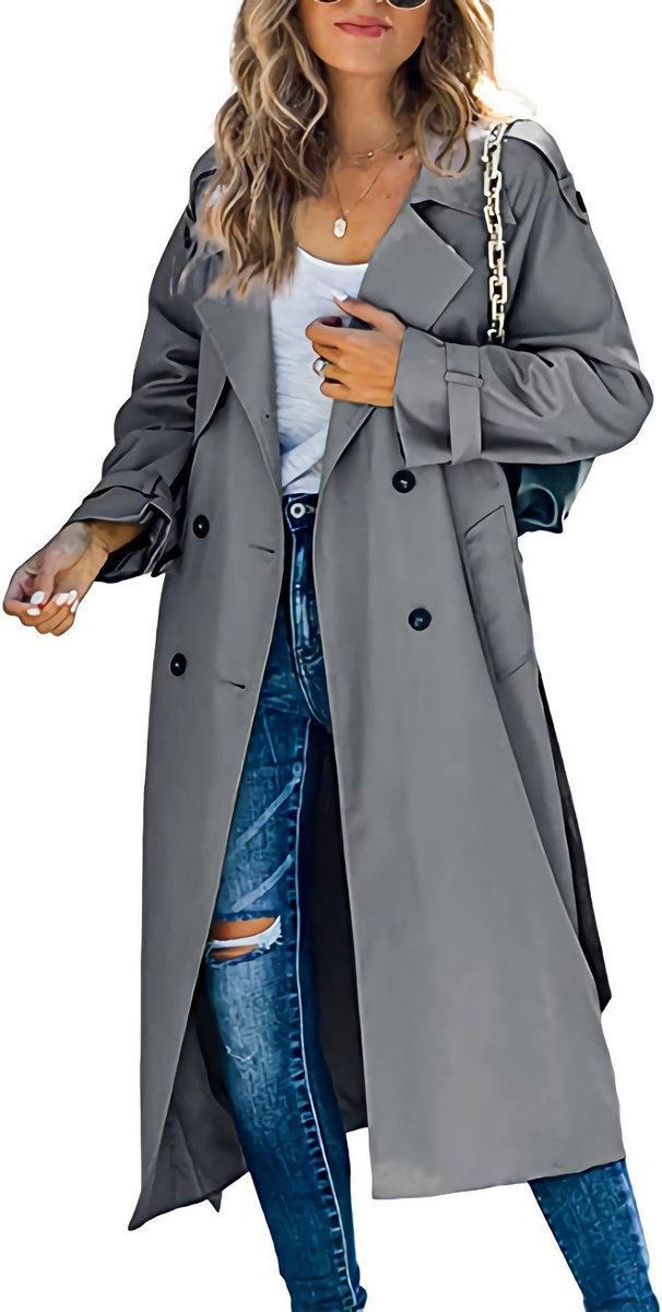 Women's Oversized Double-Breasted Belted Longline Trench Coat | Autumn - Gray