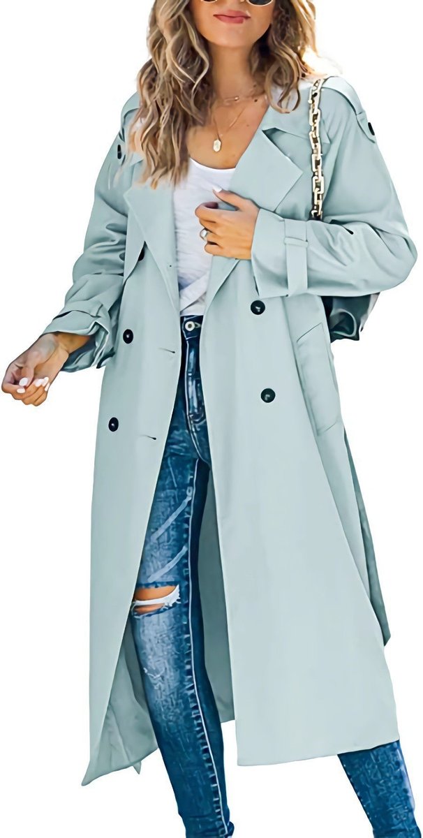 Women's Oversized Double-Breasted Belted Longline Trench Coat | Autumn - Light Green